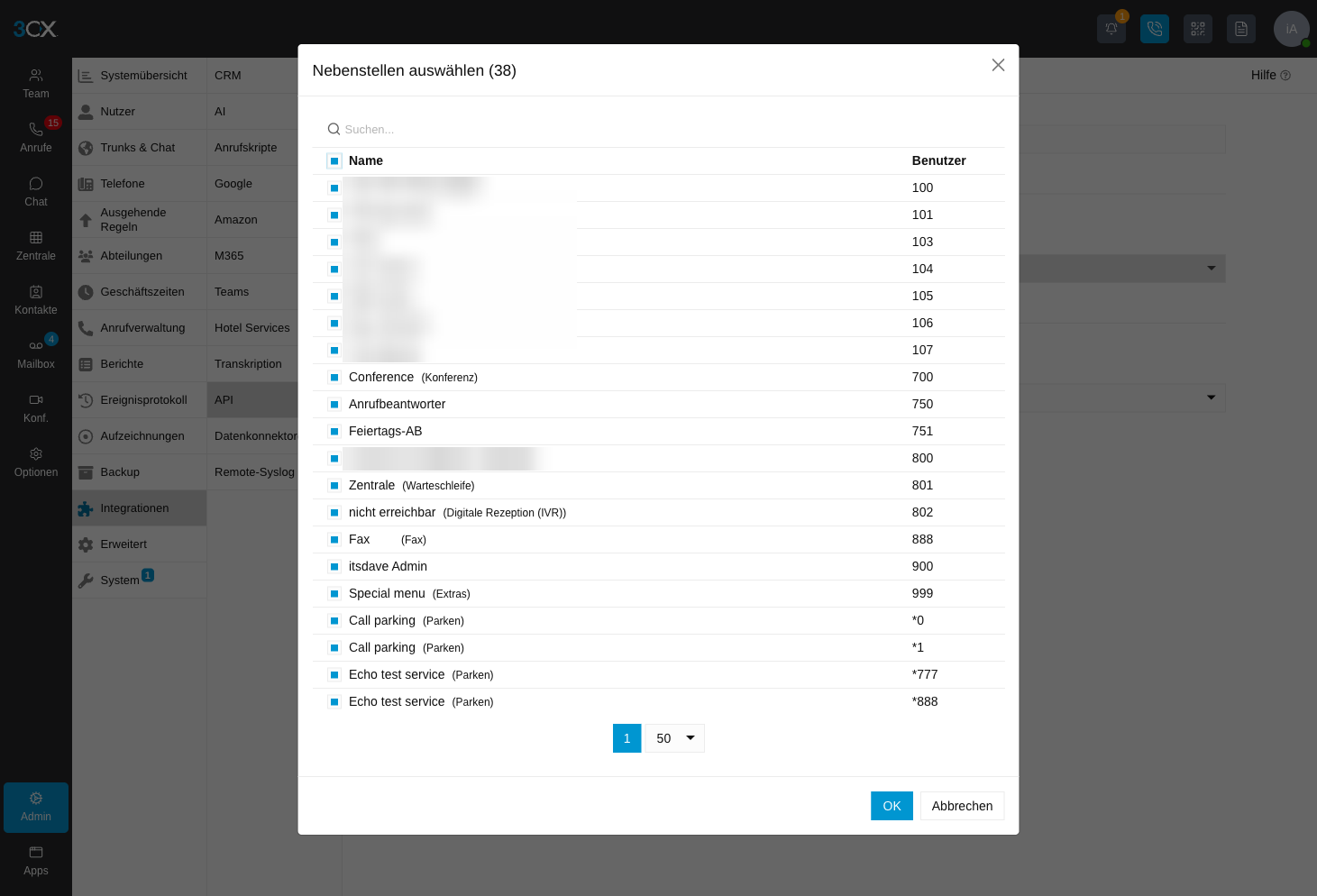 3CX Auswahl der Nebenstellen für den API-Zugang
