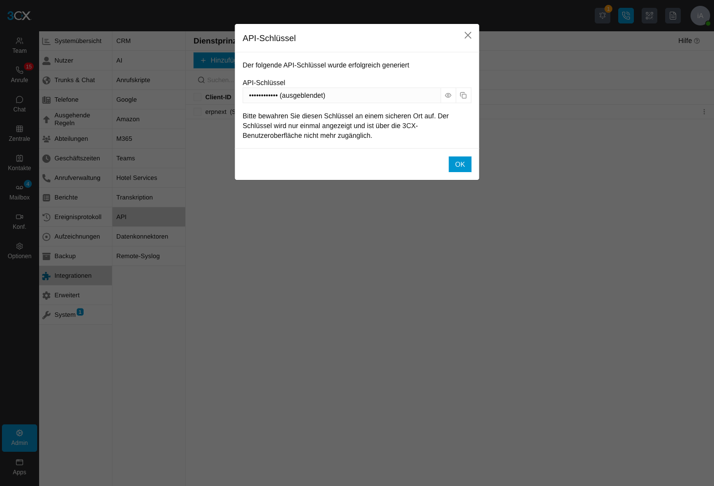 3CX Dialog mit dem einmalig angezeigten API-Schlüssel