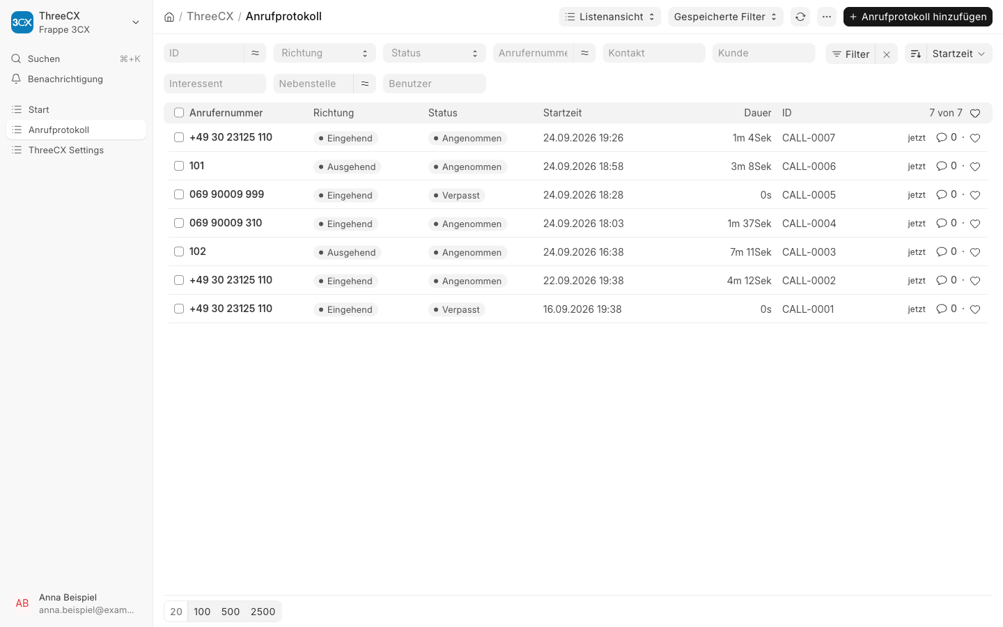 Liste des Anrufprotokolls
