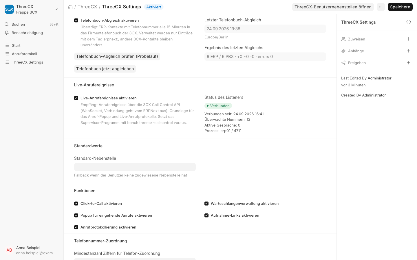 Einstellungen mit Telefonbuch-Abgleich und Listener-Status