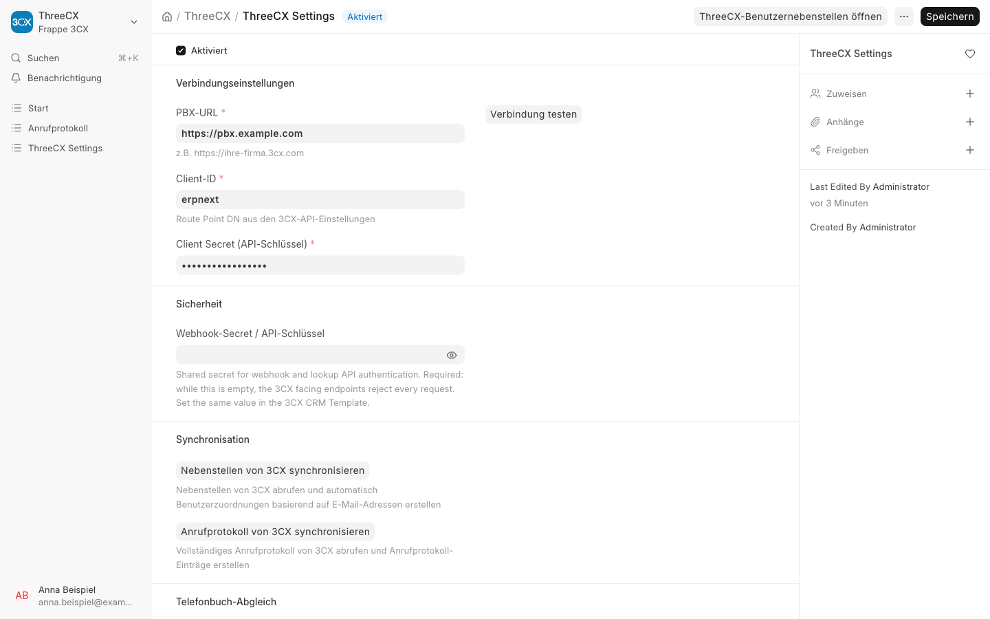 ThreeCX Settings mit Verbindungseinstellungen