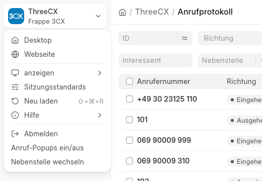 Menü mit Anruf-Popups ein/aus und Nebenstelle wechseln