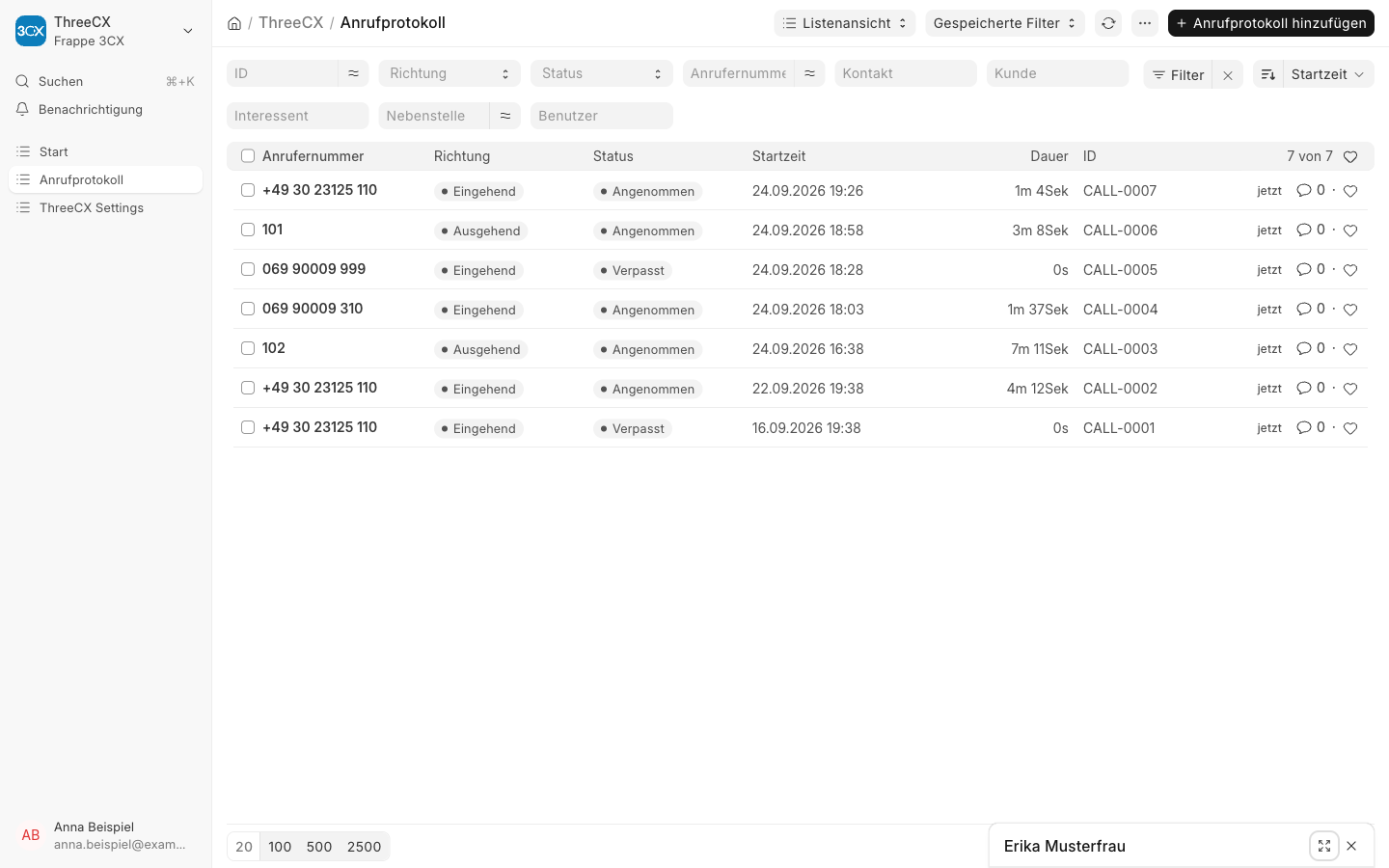 Minimiertes Anruf-Popup am unteren Rand