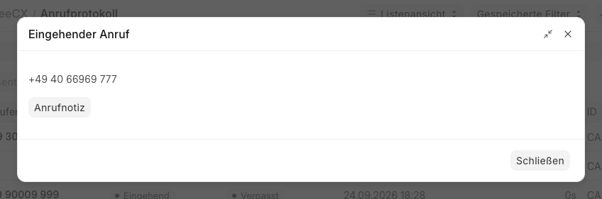 Anruf-Popup einer unbekannten Nummer