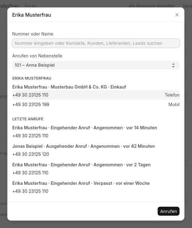 Schnellwahl aus einem Kontakt heraus