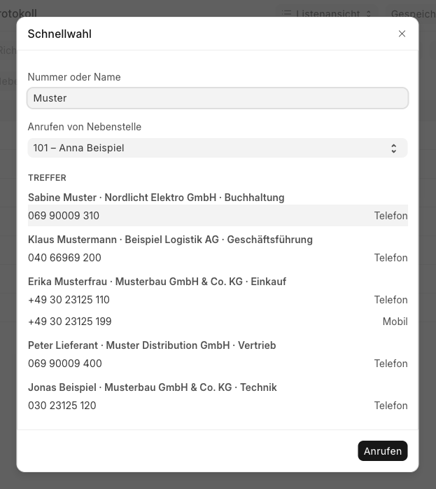 Schnellwahl mit Suchergebnissen