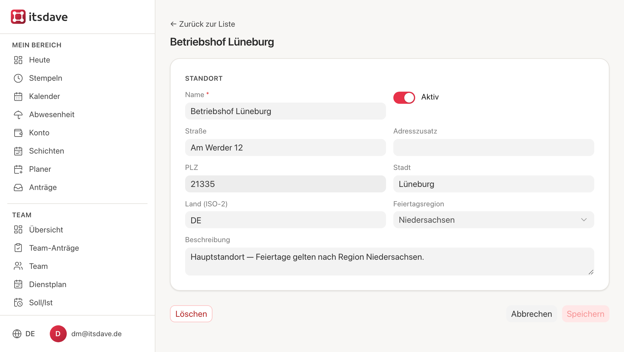 Standort mit Feiertagsregion Niedersachsen