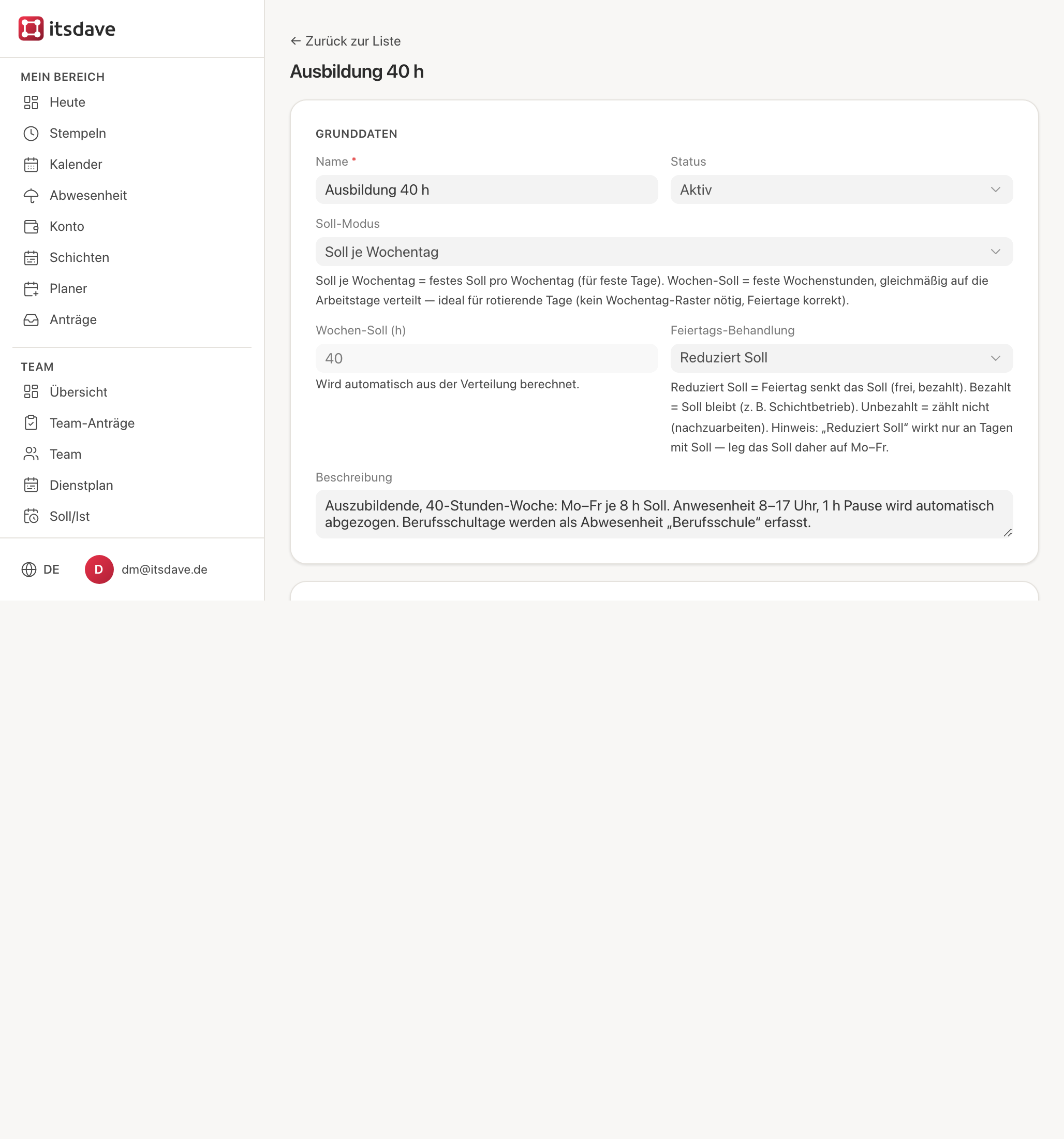 Arbeitszeitmodell Ausbildung 40 h
