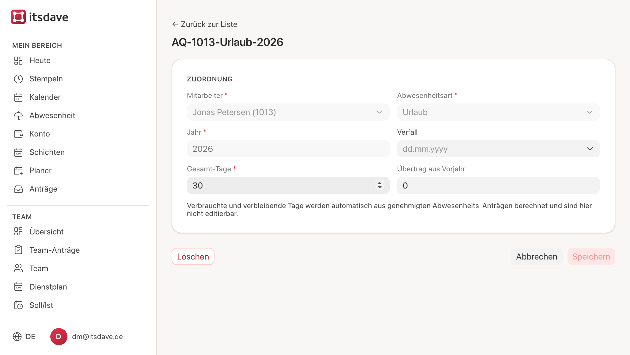 Urlaubskontingent 30 Tage
