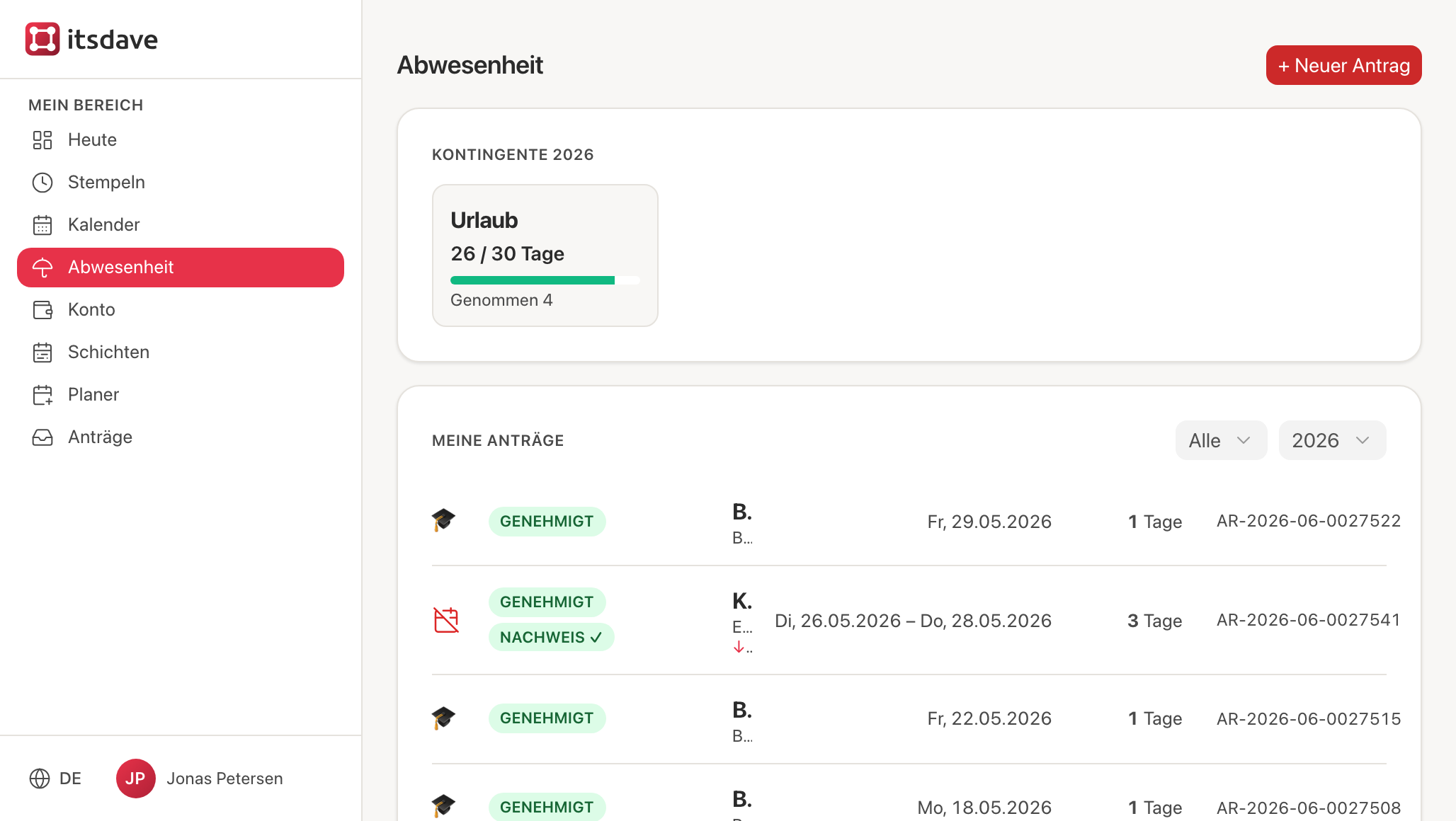 Abwesenheits-Übersicht mit Kontingent