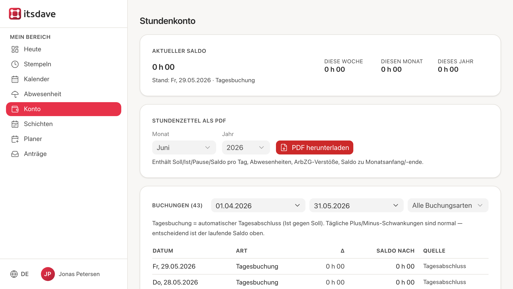 Stundenkonto mit Tagesbuchungen