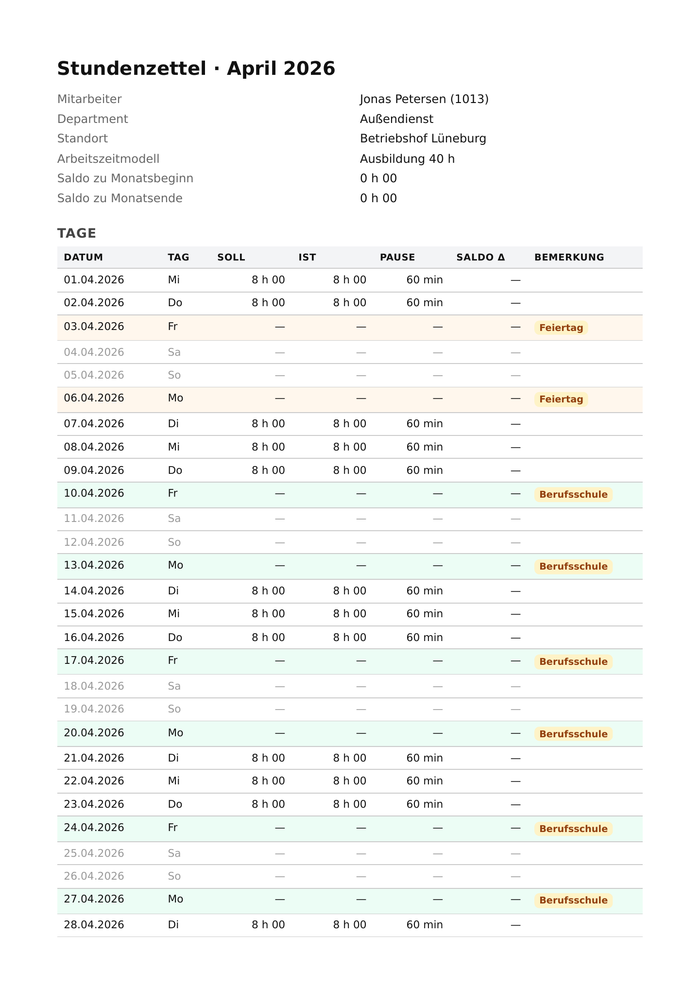 Stundenzettel April als PDF