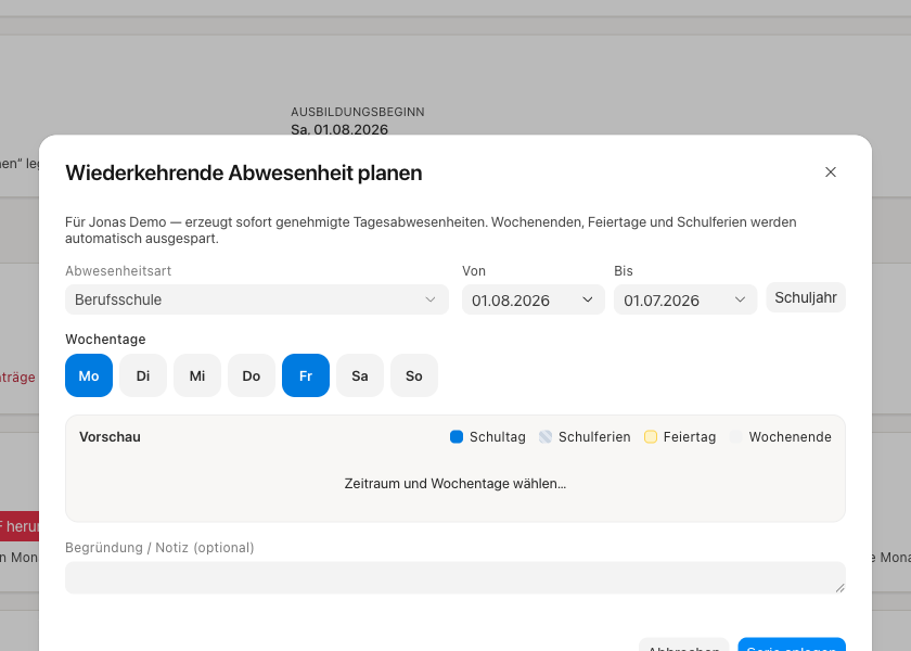 Planer-Dialog mit Abwesenheitsart, Zeitraum und Wochentagen