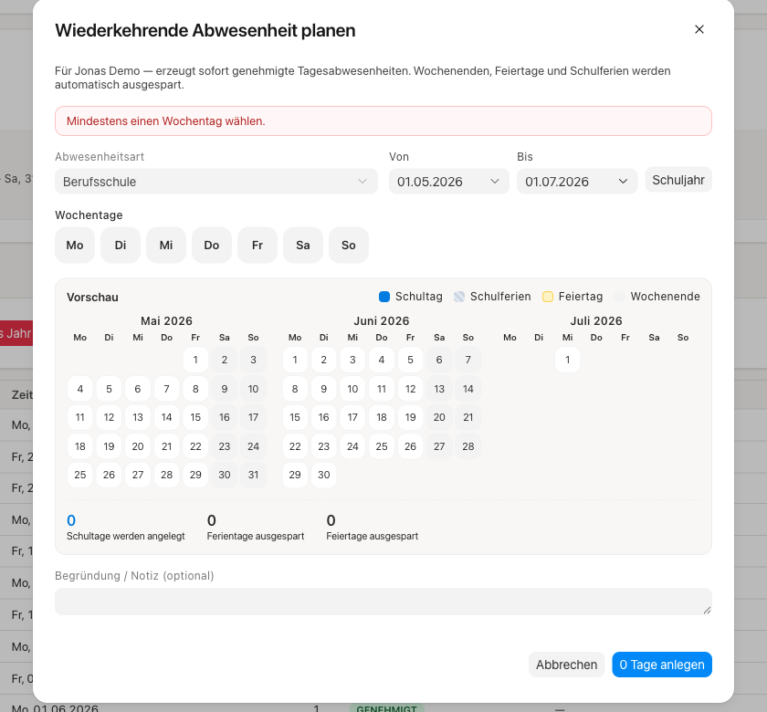 Validierungshinweis: mindestens ein Wochentag