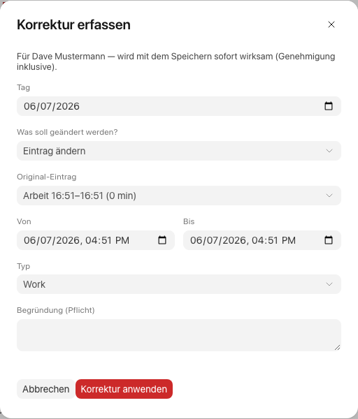 Korrektur-Dialog, vorausgefüllt auf den gewählten Eintrag