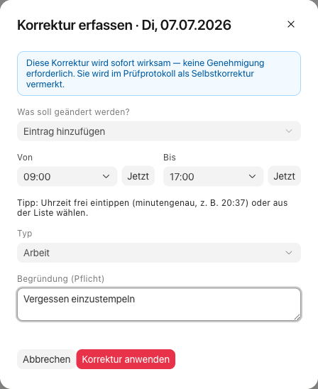 Korrektur-erfassen-Dialog mit Hinweis, dass die Korrektur sofort wirksam wird