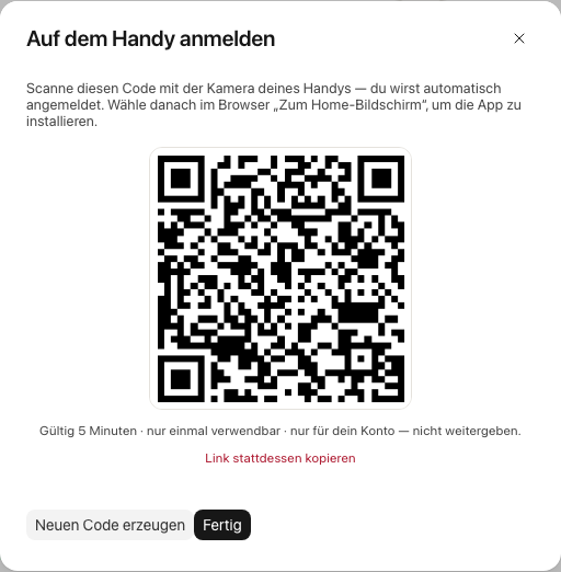 Dialog mit QR-Code zum Anmelden