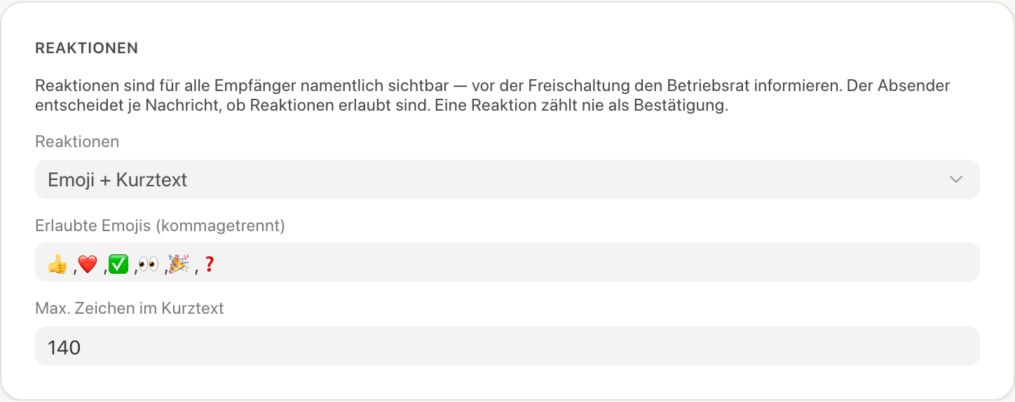 Einstellungen, Abschnitt Reaktionen