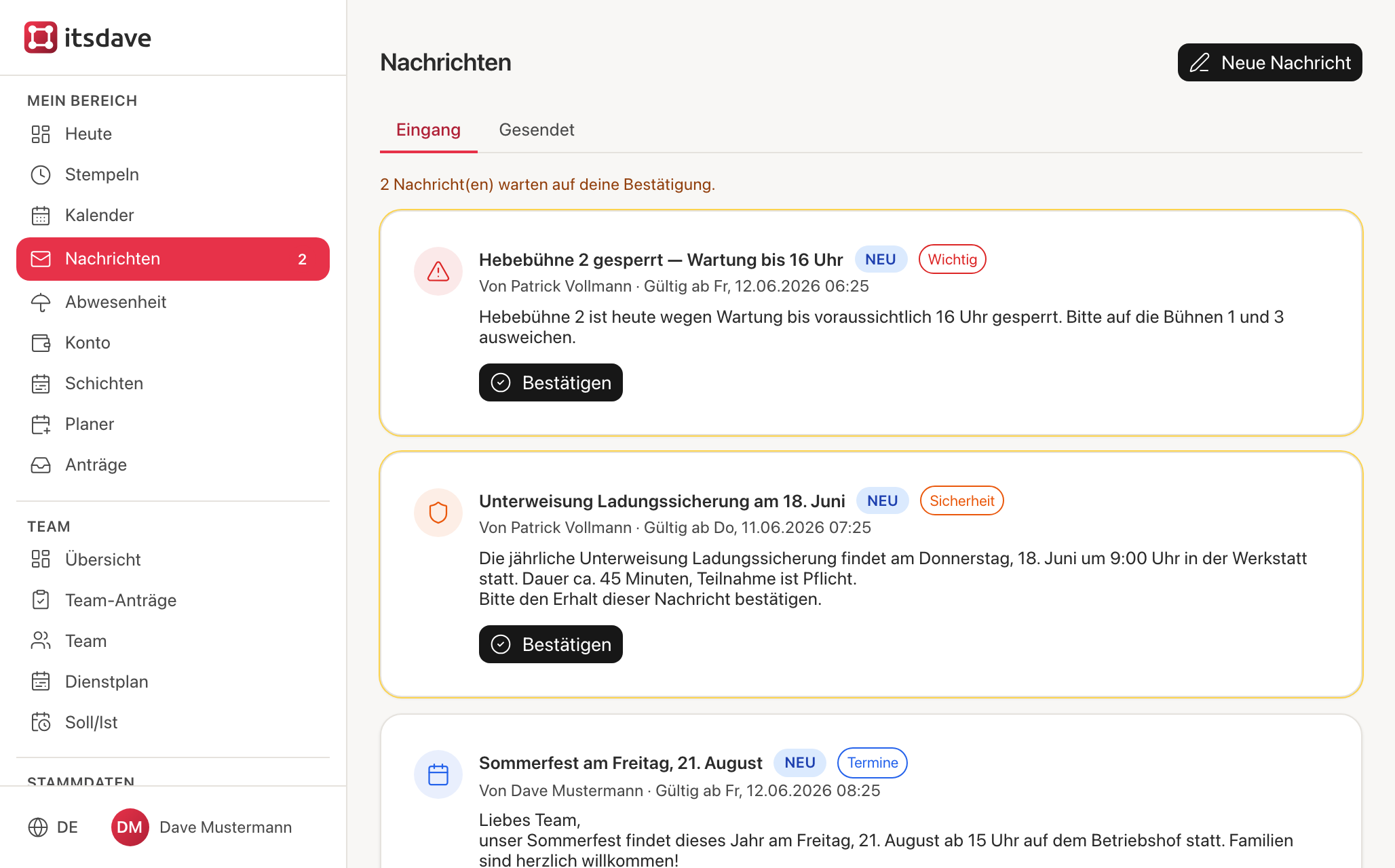 Nachrichten-Eingang mit neuen und bestätigungspflichtigen Nachrichten