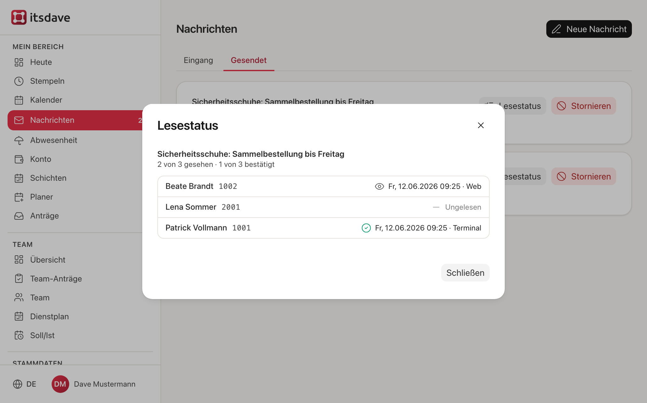 Lesestatus-Dialog mit Empfängerliste