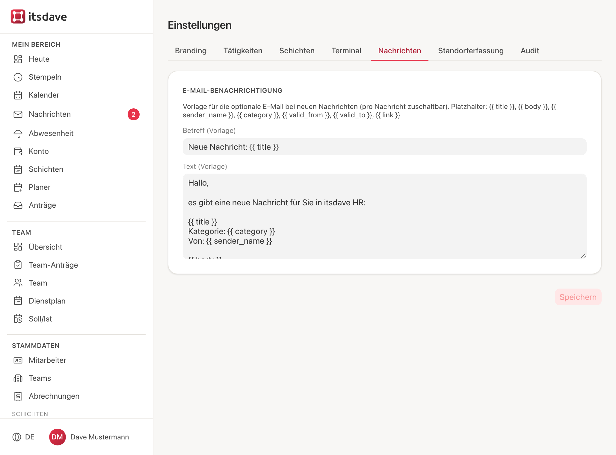 Einstellungen, Reiter Nachrichten mit E-Mail-Vorlage