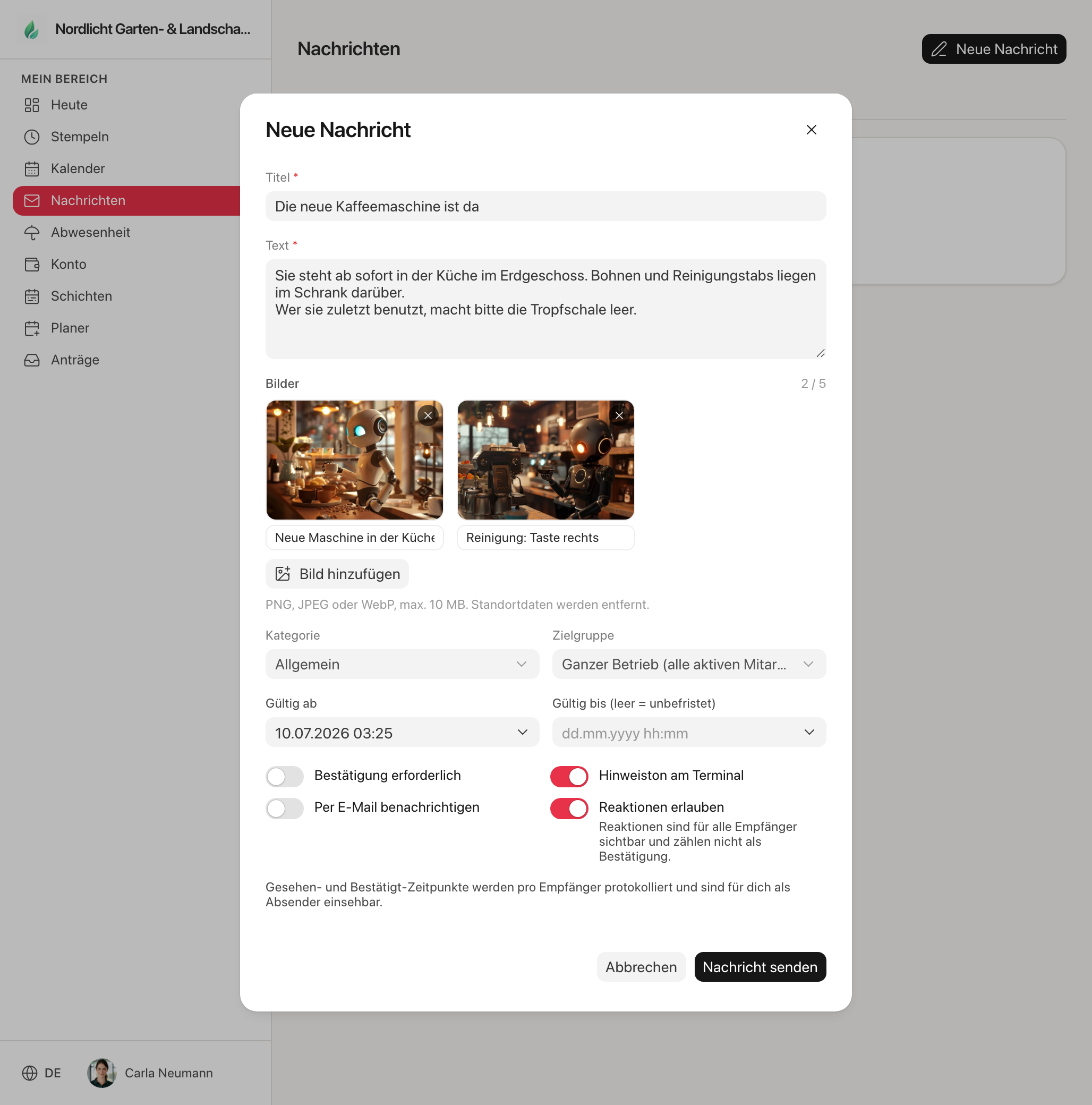 Dialog Neue Nachricht mit zwei Bildanhängen und der Option Reaktionen erlauben