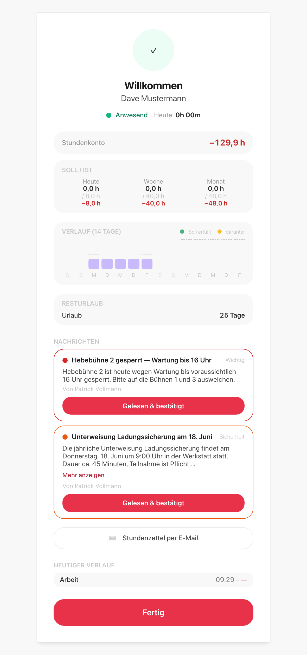 Terminal-Bestätigungsseite mit offenen Nachrichten