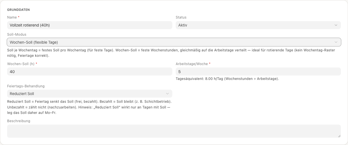 Arbeitszeitmodell im Wochen-Soll-Modus