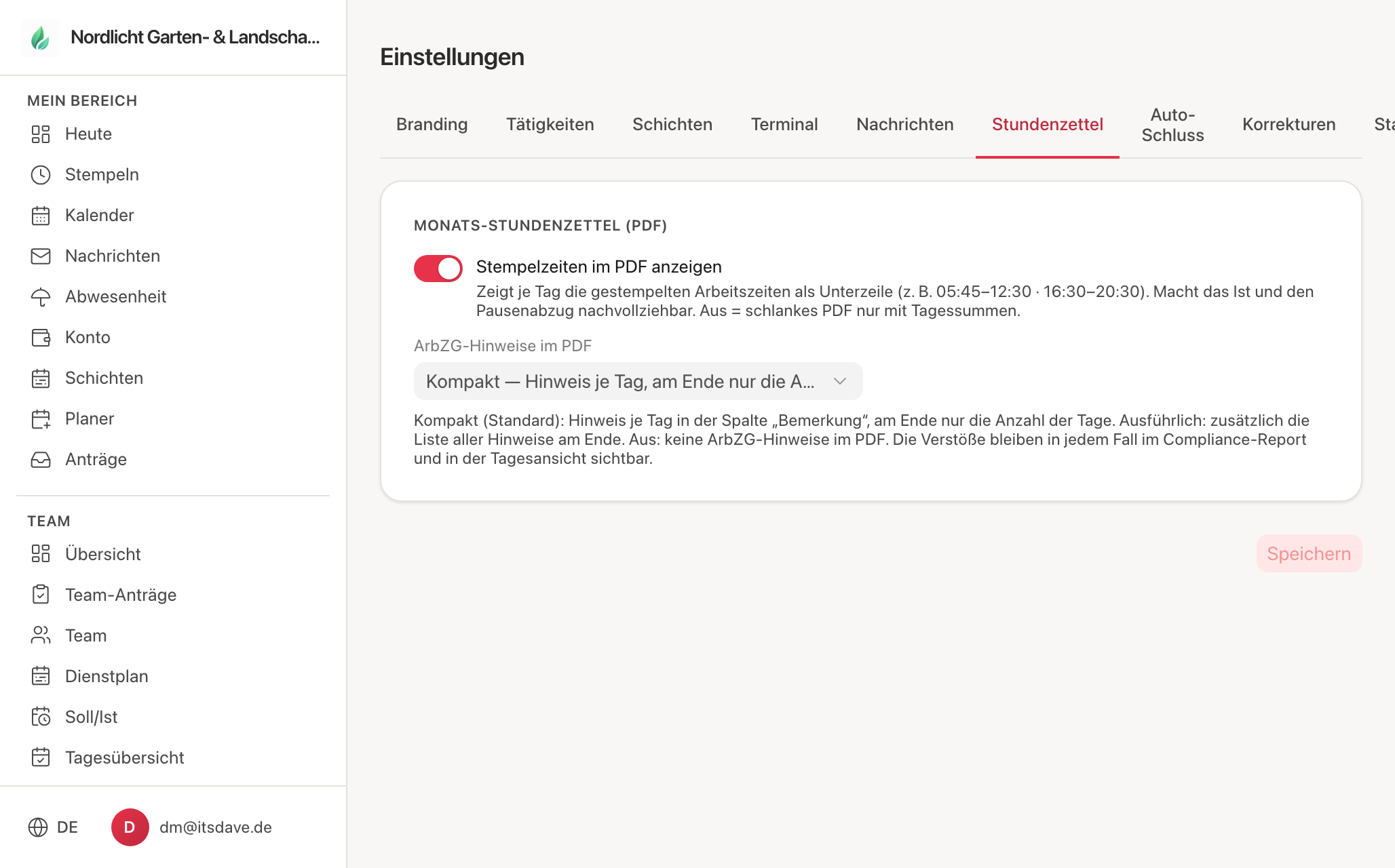 Einstellungen, Reiter Stundenzettel