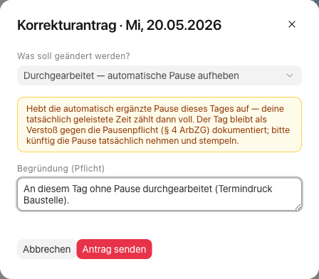 Korrektur-Dialog mit der Auswahl „Durchgearbeitet — automatische Pause aufheben