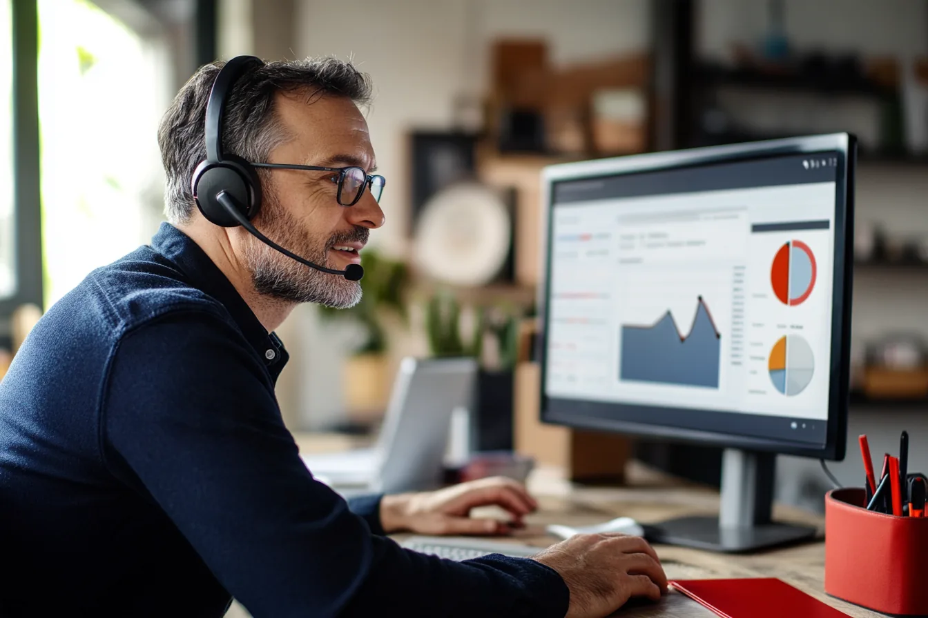 Mitarbeiter mit Headset am Schreibtisch mit Blick auf eine Kundenübersicht