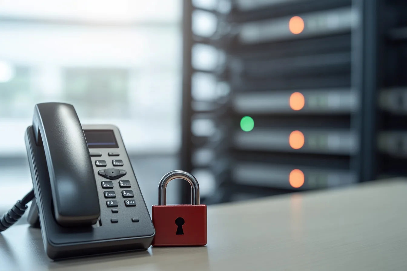 IP-Telefon mit rotem Vorhängeschloss vor einem Serverschrank