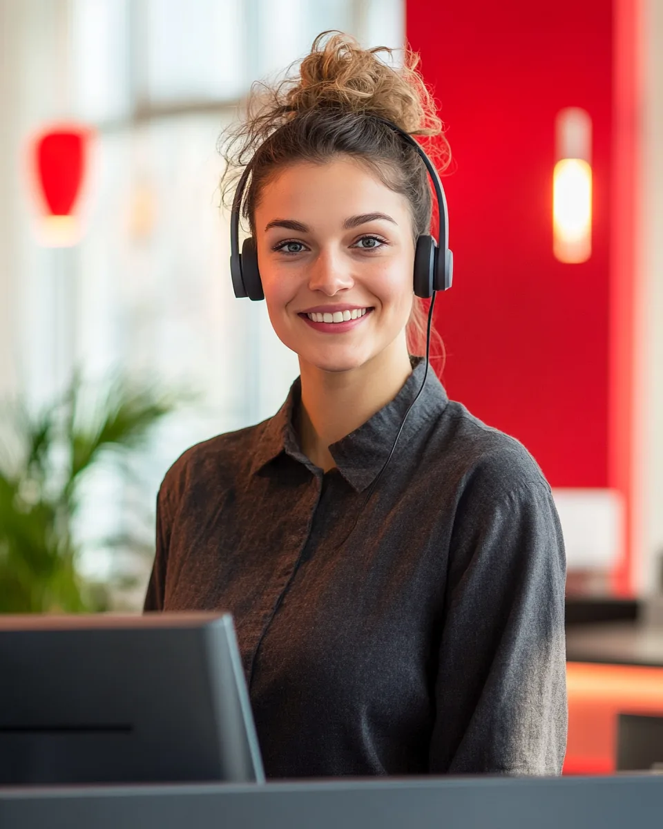 Mitarbeiterin am Empfang mit Headset