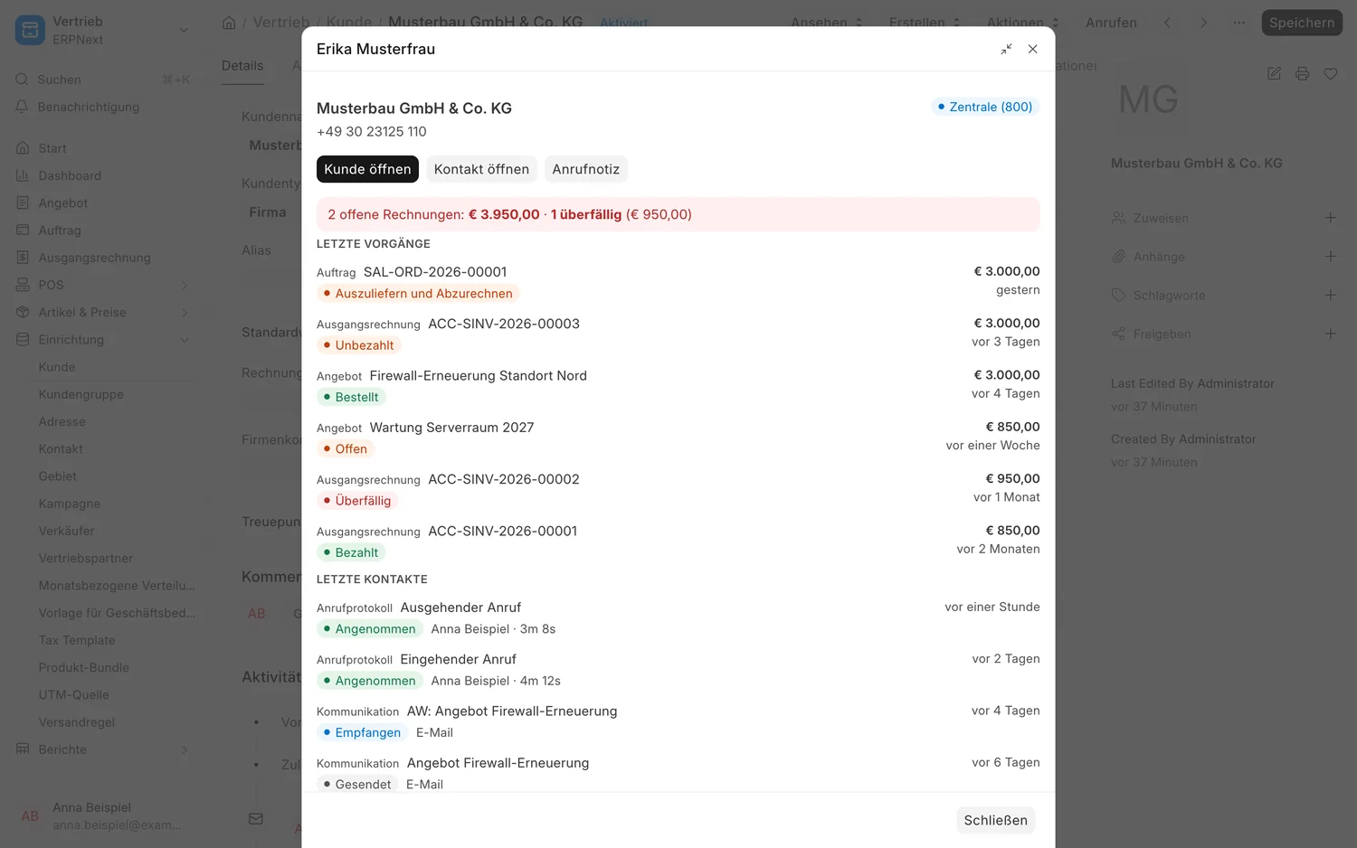 Anruf-Popup im ERP mit Anrufer, Firma, offenen Rechnungen, letzten Vorgängen und letzten Kontakten