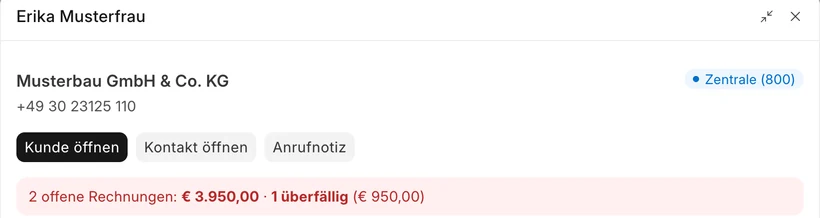 Kopf des Anruf-Popups mit Anruferin, Firma, Zentrale-Kennzeichen und offenen Rechnungen