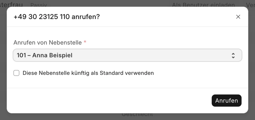 Dialog zur Auswahl der Nebenstelle beim Anrufen