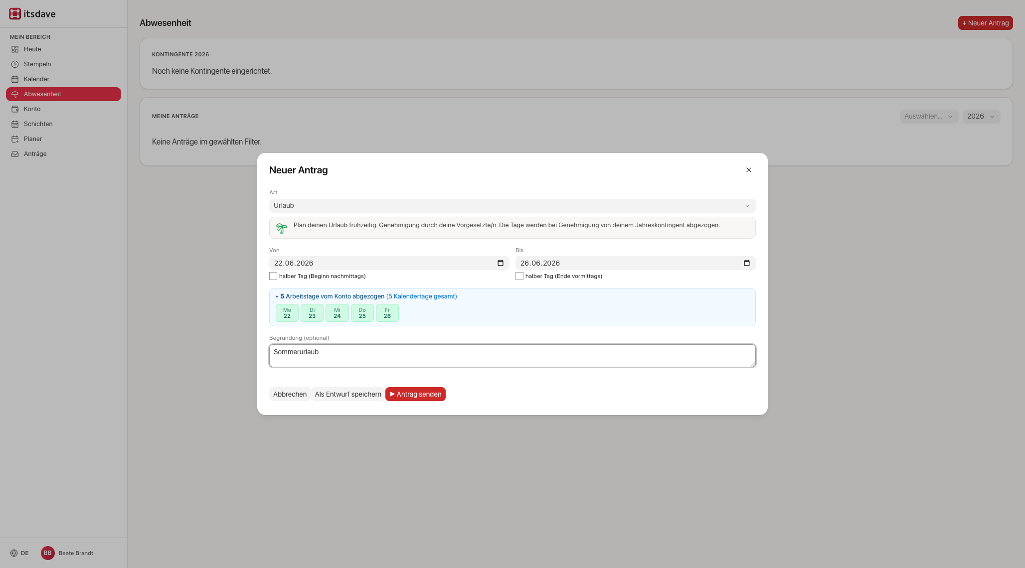 Abwesenheitsantrag mit Live-Berechnung der Arbeitstage