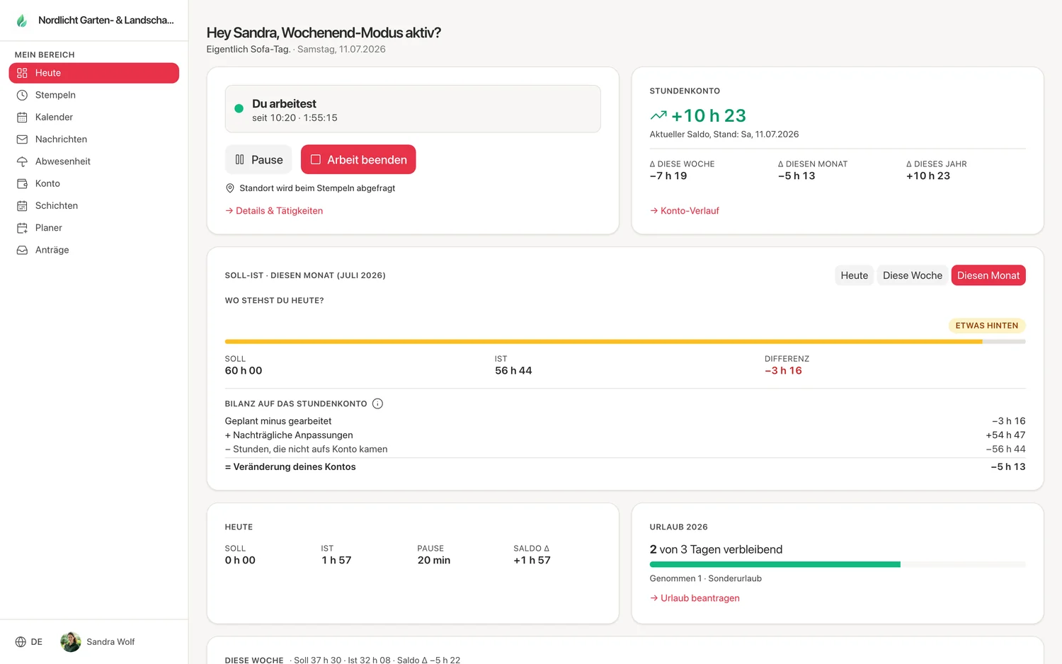 Dashboard „Heute“ mit Stempel-Status, Stundenkonto, Soll/Ist und Urlaub