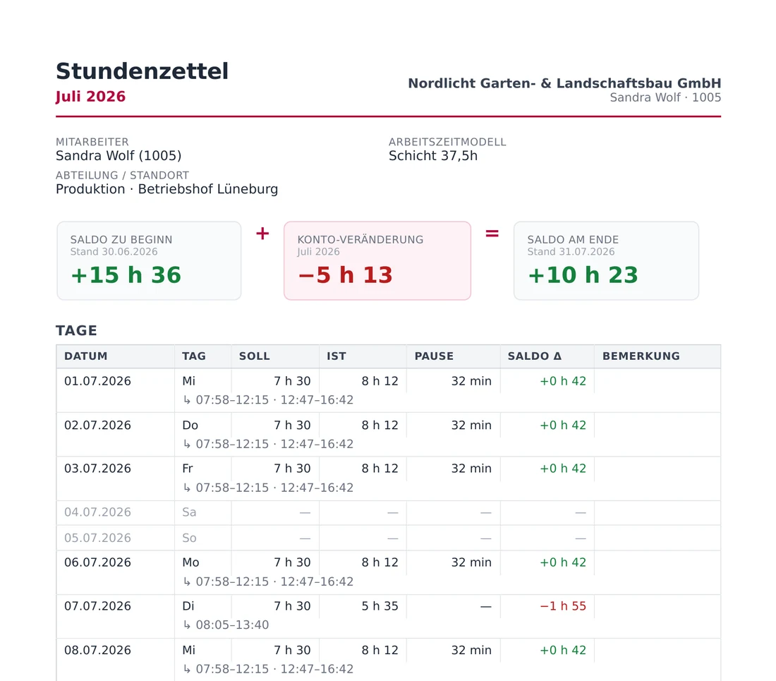 Monats-Stundenzettel als PDF